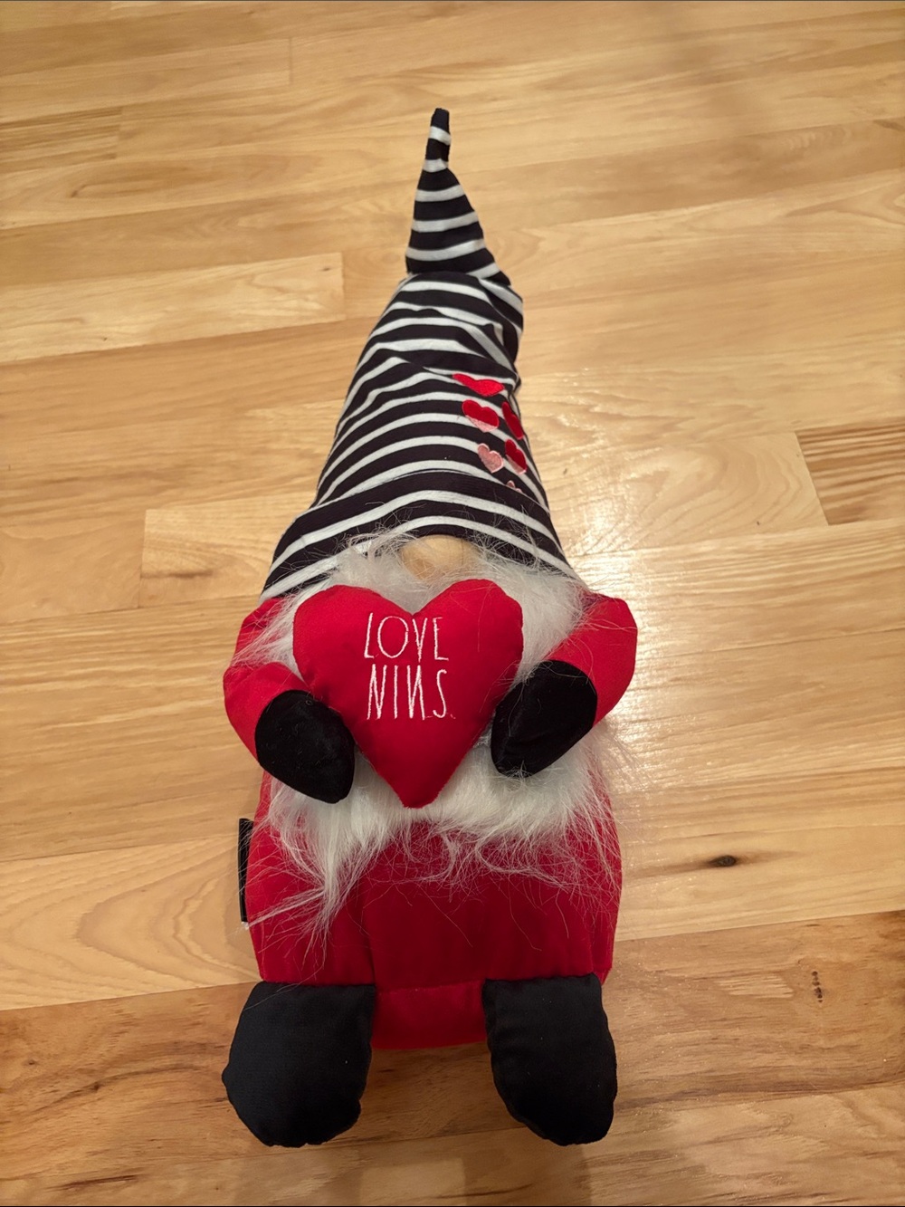 Rae Dunn Black & White Striped Hat Red Heart Gnome Plush